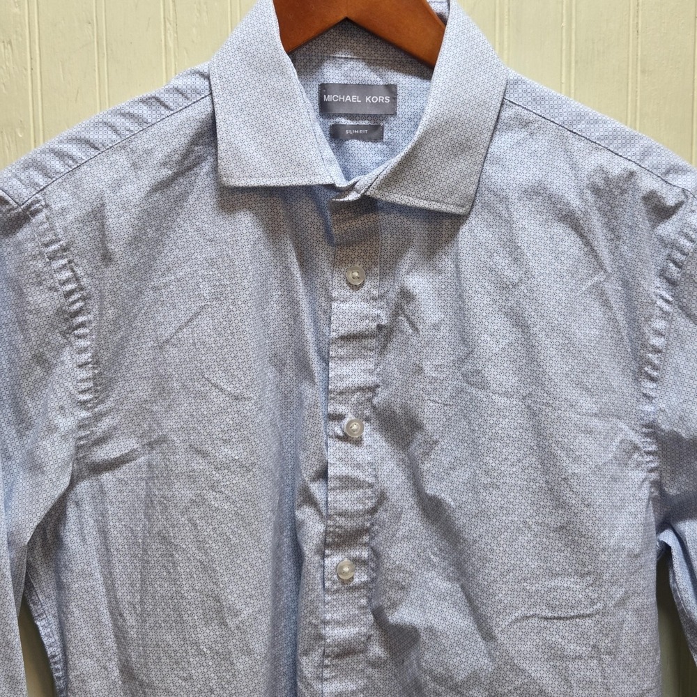 Michael Kors Dress Shirt Mens 15.5 34/35 Blue Geometric Slim Fit Long Sleeve